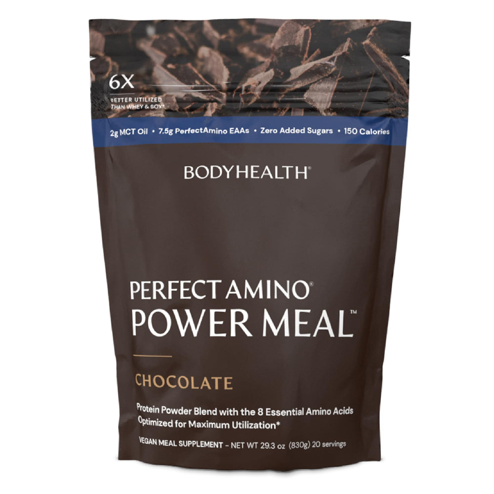 BodyHealth PerfectAmino Power Shake bottle in dark chocolate flavor for a meal replacement