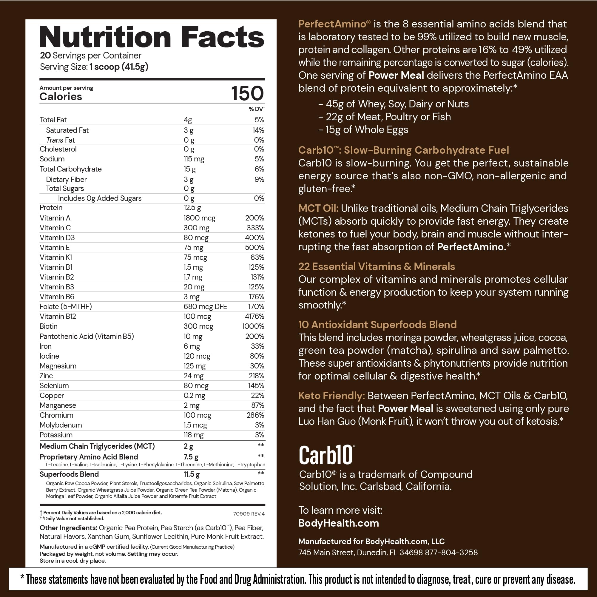 BodyHealth PerfectAmino Power Shake ingredients including MCT oil for natural energy