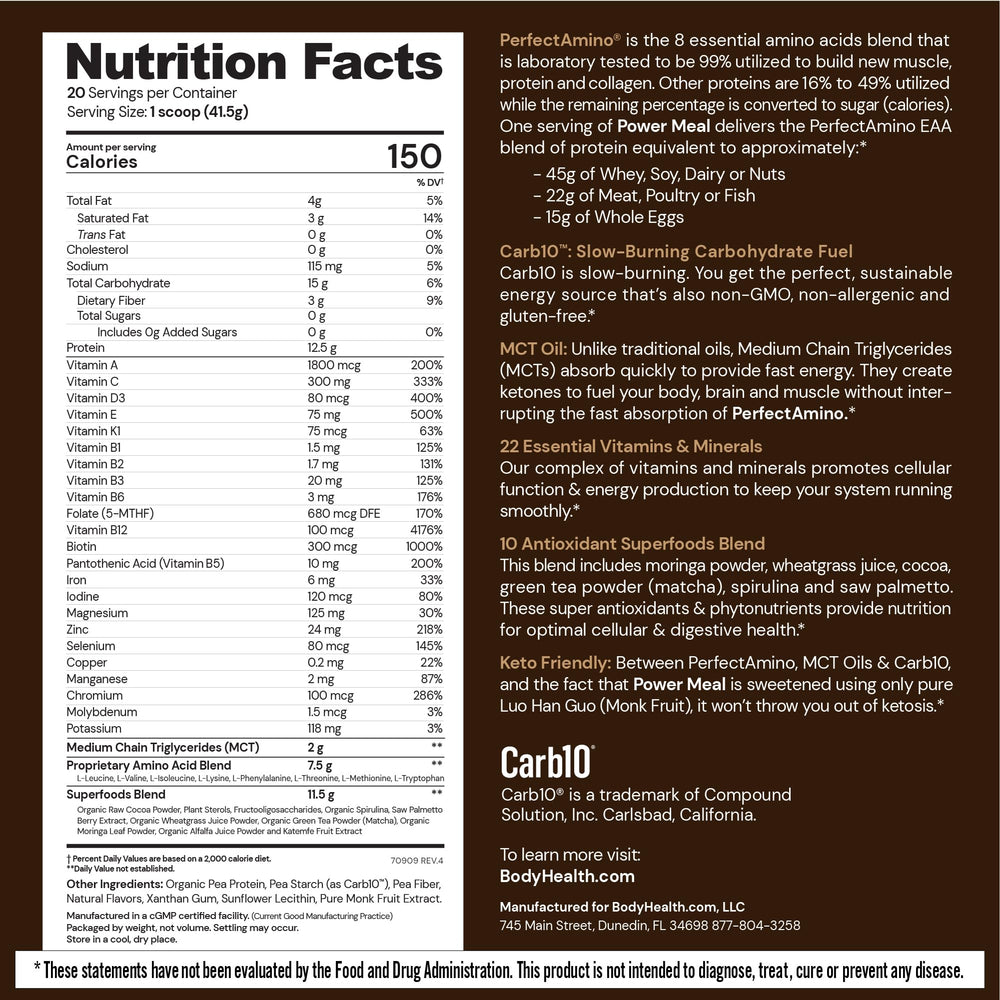 BodyHealth PerfectAmino Power Shake ingredients including MCT oil for natural energy