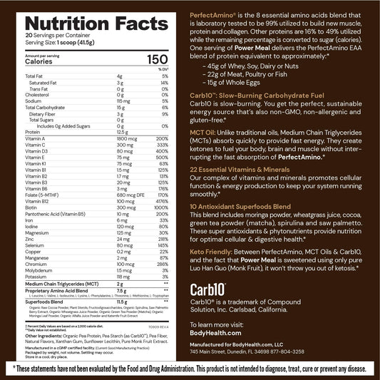 BodyHealth PerfectAmino Power Shake ingredients including MCT oil for natural energy