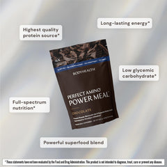 Packaging for BodyHealth PerfectAmino Power Shake dark chocolate flavor