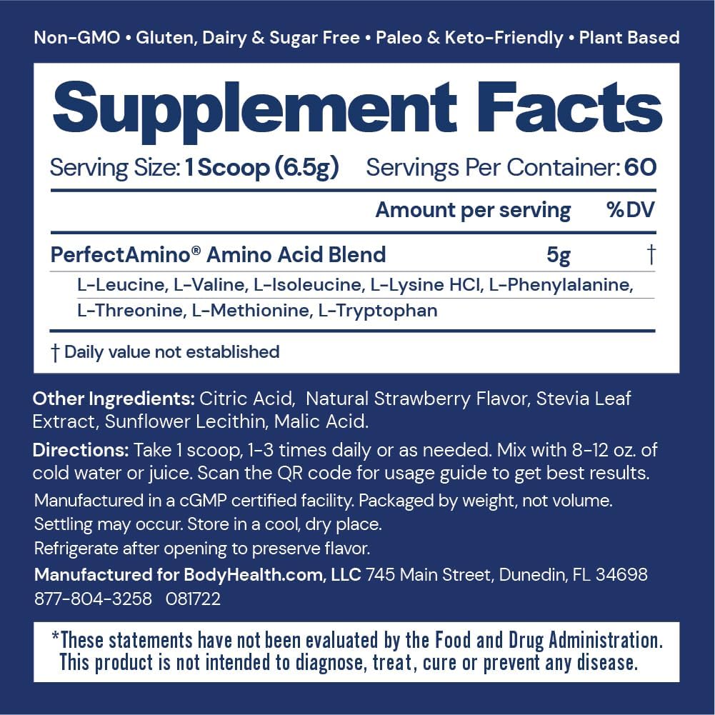 BodyHealth PerfectAmino strawberry bottle pour demonstrates quick pre-workout energy.