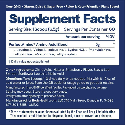 BodyHealth PerfectAmino strawberry bottle pour demonstrates quick pre-workout energy.
