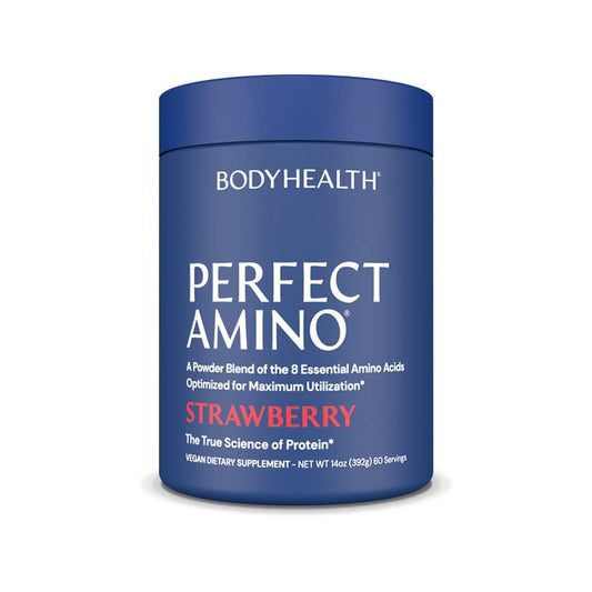BodyHealth PerfectAmino strawberry tub highlights flavor and recovery-focused formula.