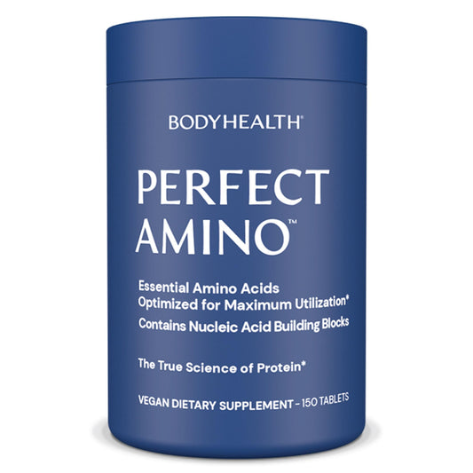 BodyHealth PerfectAmino bottle label showing essential amino acids for recovery and lean muscle