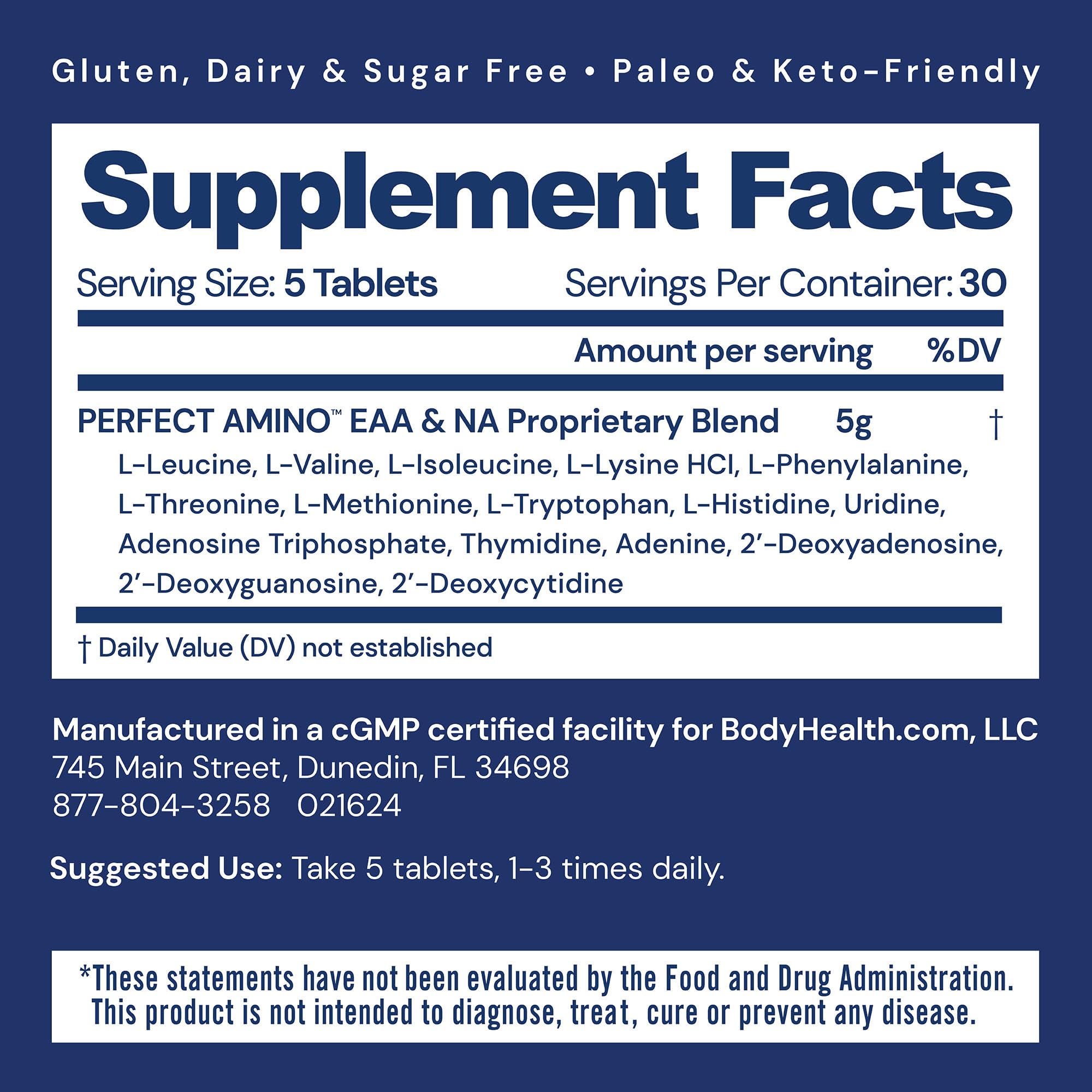 BodyHealth PerfectAmino bottle pour demonstrates quick-dissolve tablets for workout support