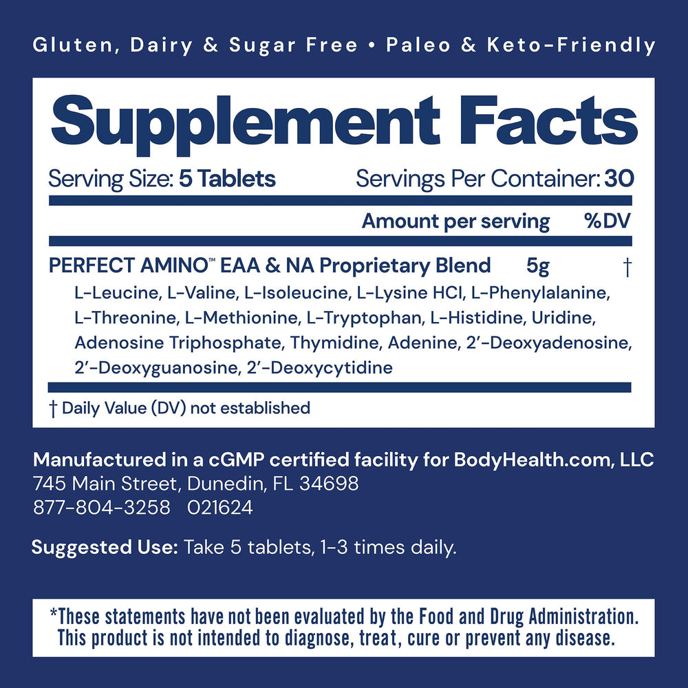 BodyHealth PerfectAmino bottle pour demonstrates quick-dissolve tablets for workout support