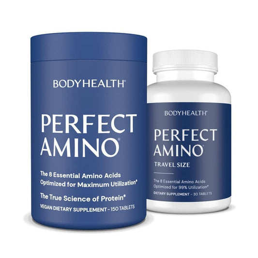 BodyHealth PerfectAmino tablets in bottle for recovery and lean muscle support.