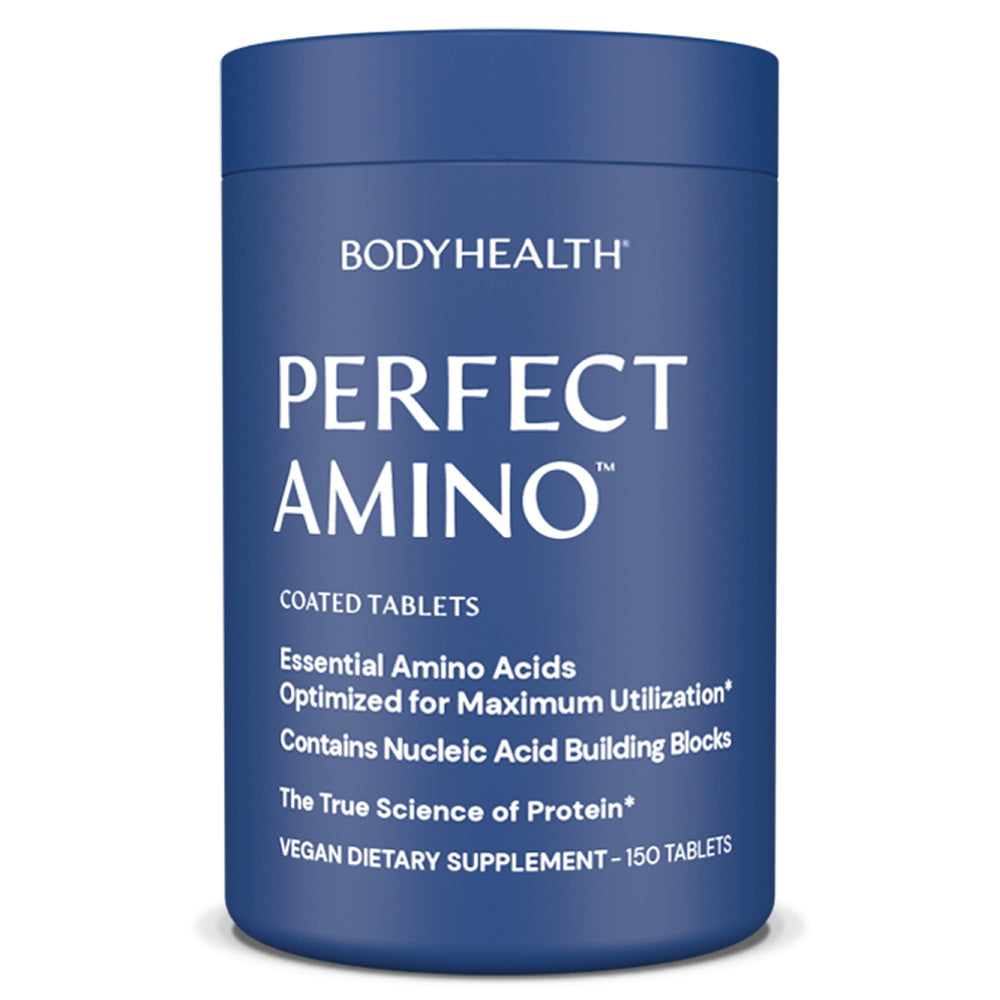 BodyHealth PerfectAmino tablets close-up with easy to swallow vegan coating