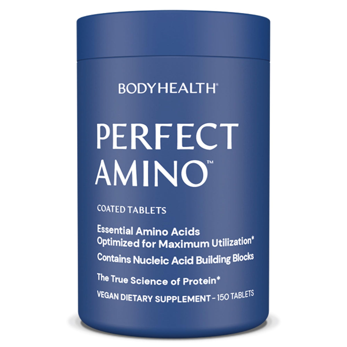 BodyHealth PerfectAmino tablets close-up with easy to swallow vegan coating