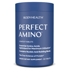 BodyHealth PerfectAmino tablets close-up with easy to swallow vegan coating