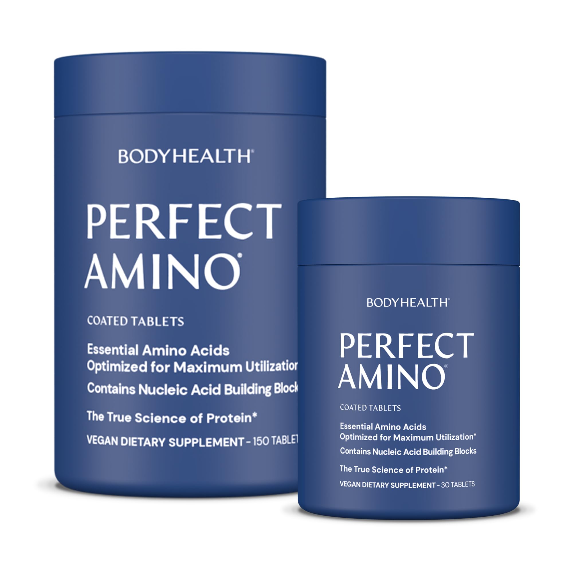 BodyHealth PerfectAmino tablets closeup showing easy-to-swallow design for quick intake