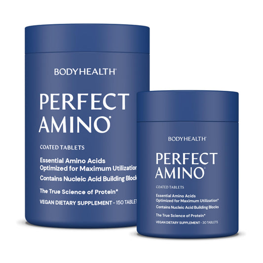 BodyHealth PerfectAmino tablets closeup showing easy-to-swallow design for quick intake