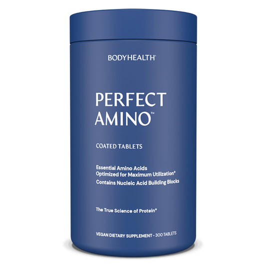 BodyHealth PerfectAmino tablets close-up with easy-to-swallow vegan coating for convenient use.