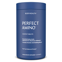 BodyHealth PerfectAmino tablets close-up with easy-to-swallow vegan coating for convenient use.