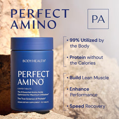 BodyHealth PerfectAmino tablets showing easy swallow coating and compact form
