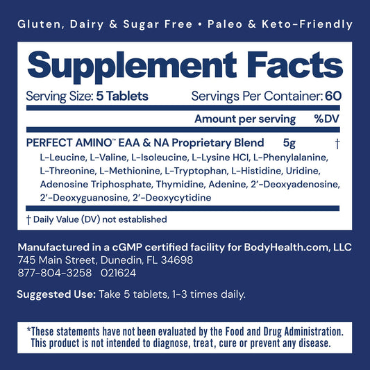 BodyHealth PerfectAmino tablets piled - easy post-workout recovery and lean muscle maintenance.