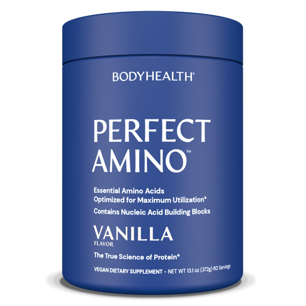 BodyHealth PerfectAmino Vanilla powder bottle ready for pre-workout fueling.