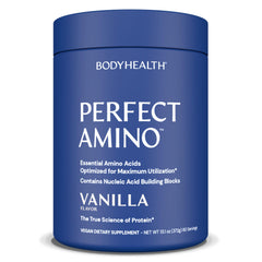 BodyHealth PerfectAmino Vanilla powder bottle ready for pre-workout fueling.