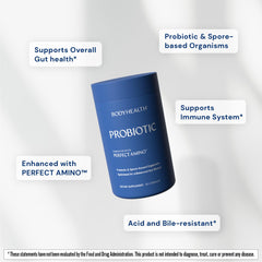 BodyHealth probiotic bottle with label emphasizes clean ingredients.