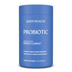 BodyHealth probiotic PerfectAmino bottle front highlights gut support.