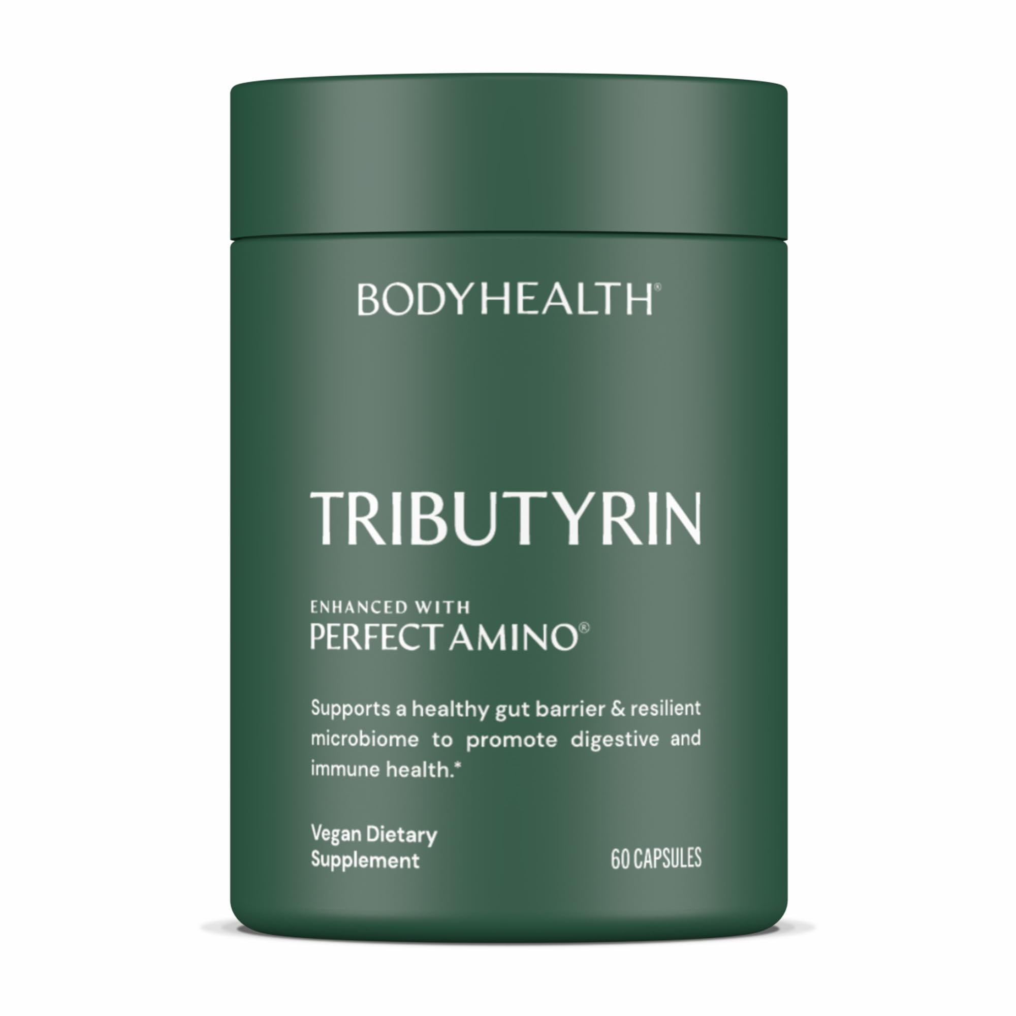 BodyHealth Tributyrin 200mg bottle close-up for daily gut health support.