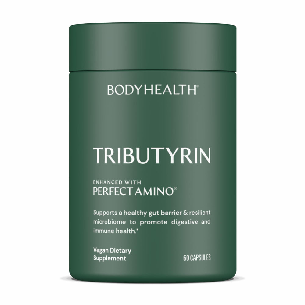 BodyHealth Tributyrin 200mg bottle close-up for daily gut health support.