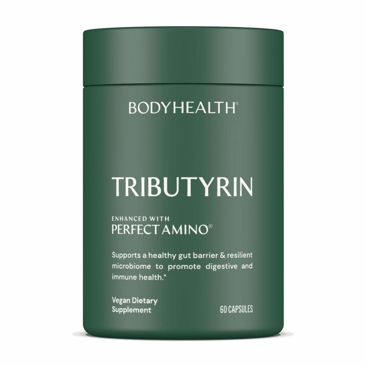 BodyHealth Tributyrin 200mg bottle close-up for daily gut health support.