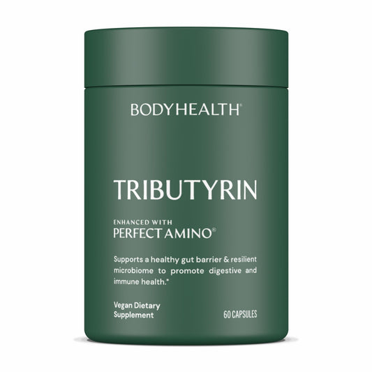 BodyHealth Tributyrin 200mg bottle close-up for daily gut health support.