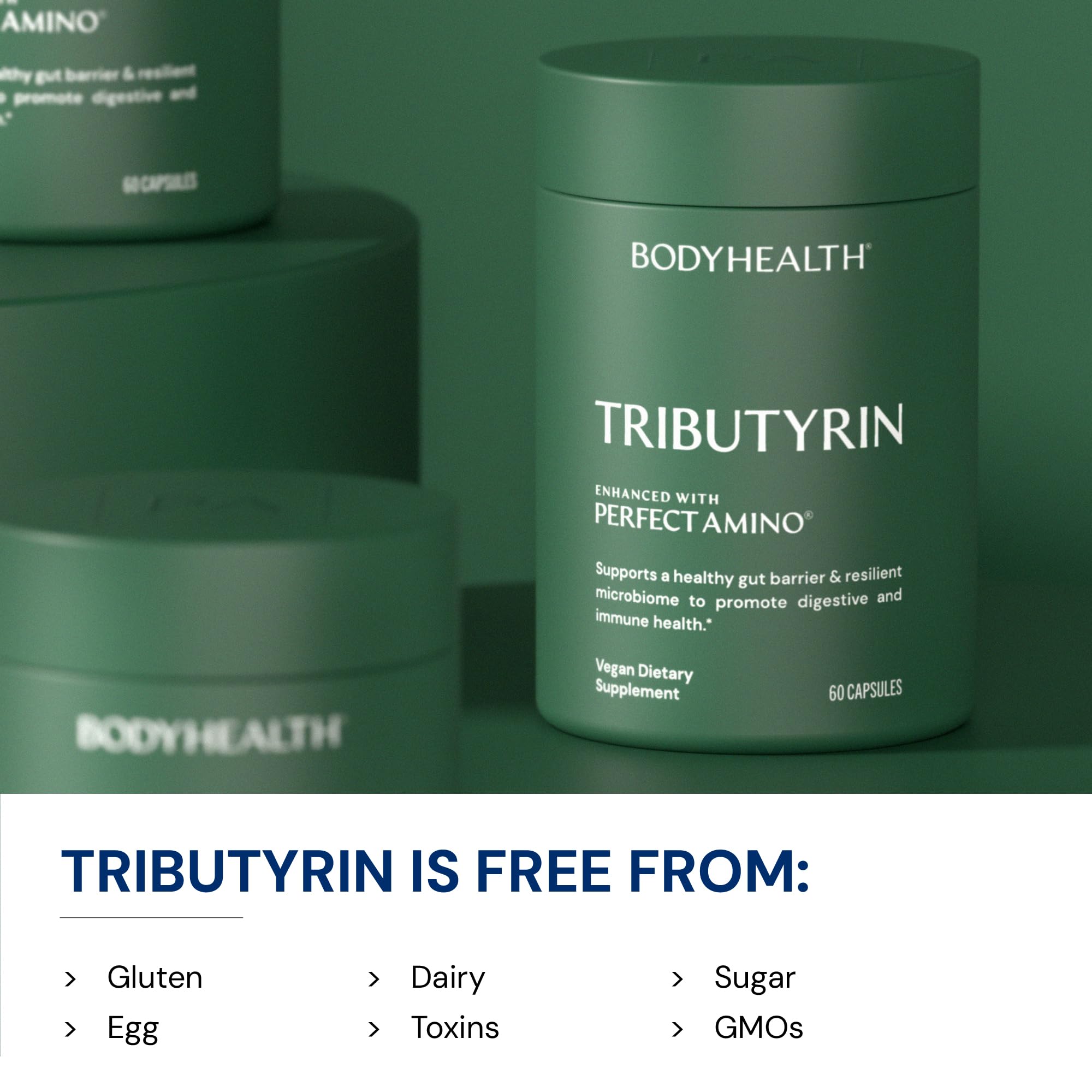 BodyHealth Tributyrin bottle with label signals immune support potential via gut health.