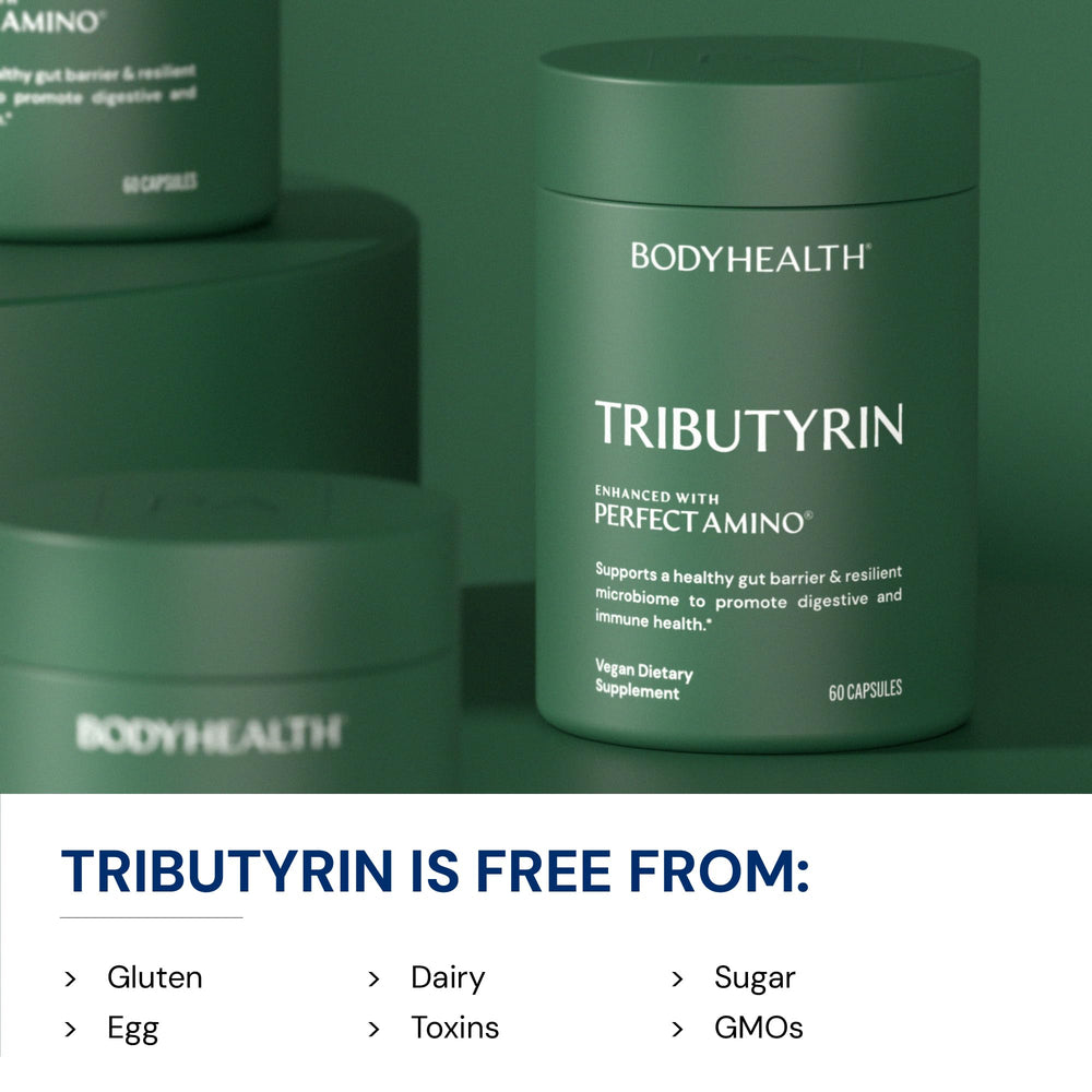 BodyHealth Tributyrin bottle with label signals immune support potential via gut health.