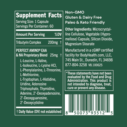 BodyHealth Tributyrin capsules close-up for easy daily digestive comfort.