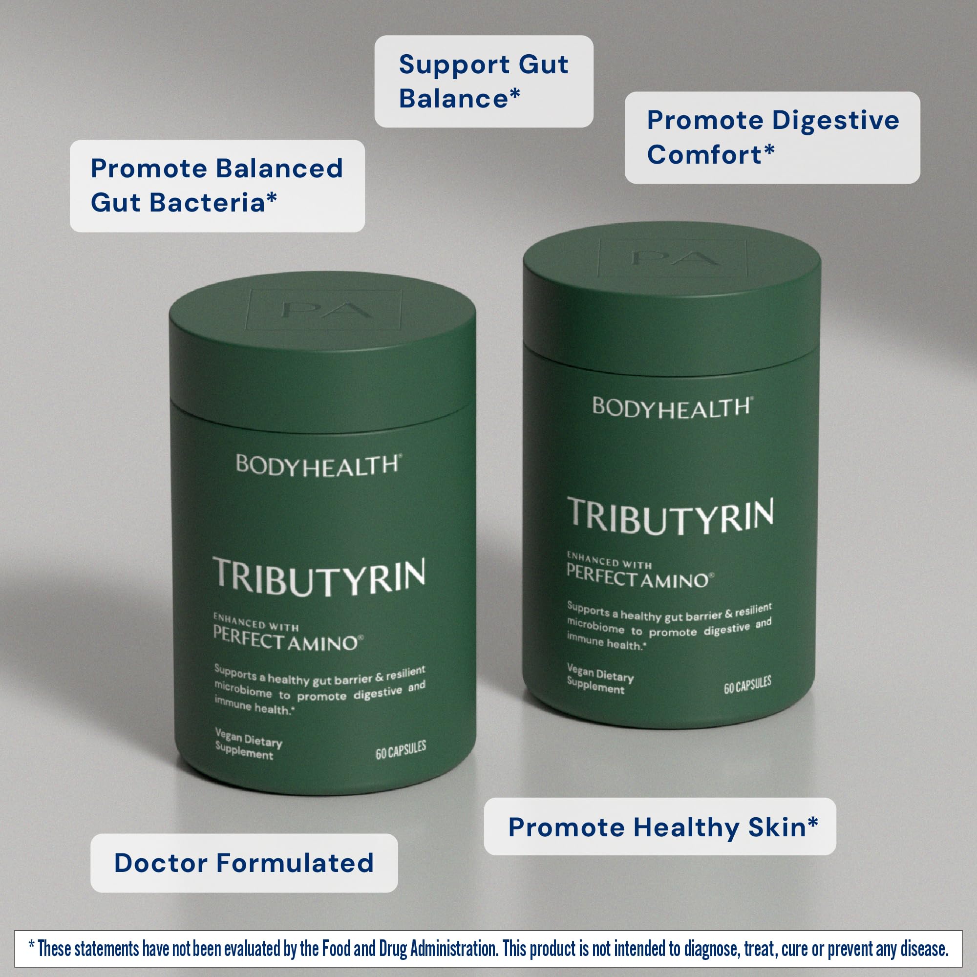 BodyHealth Tributyrin packaging highlights premium microbiome balance benefits.