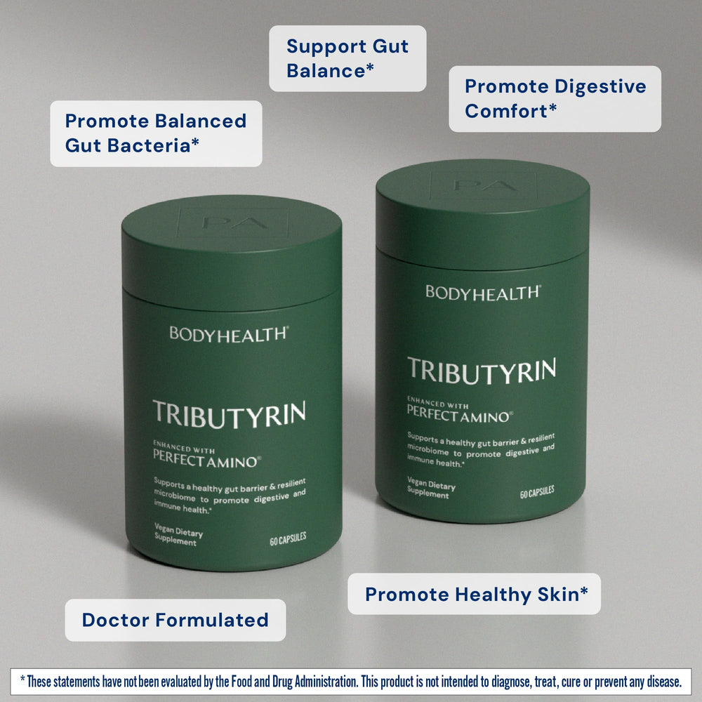 BodyHealth Tributyrin packaging highlights premium microbiome balance benefits.