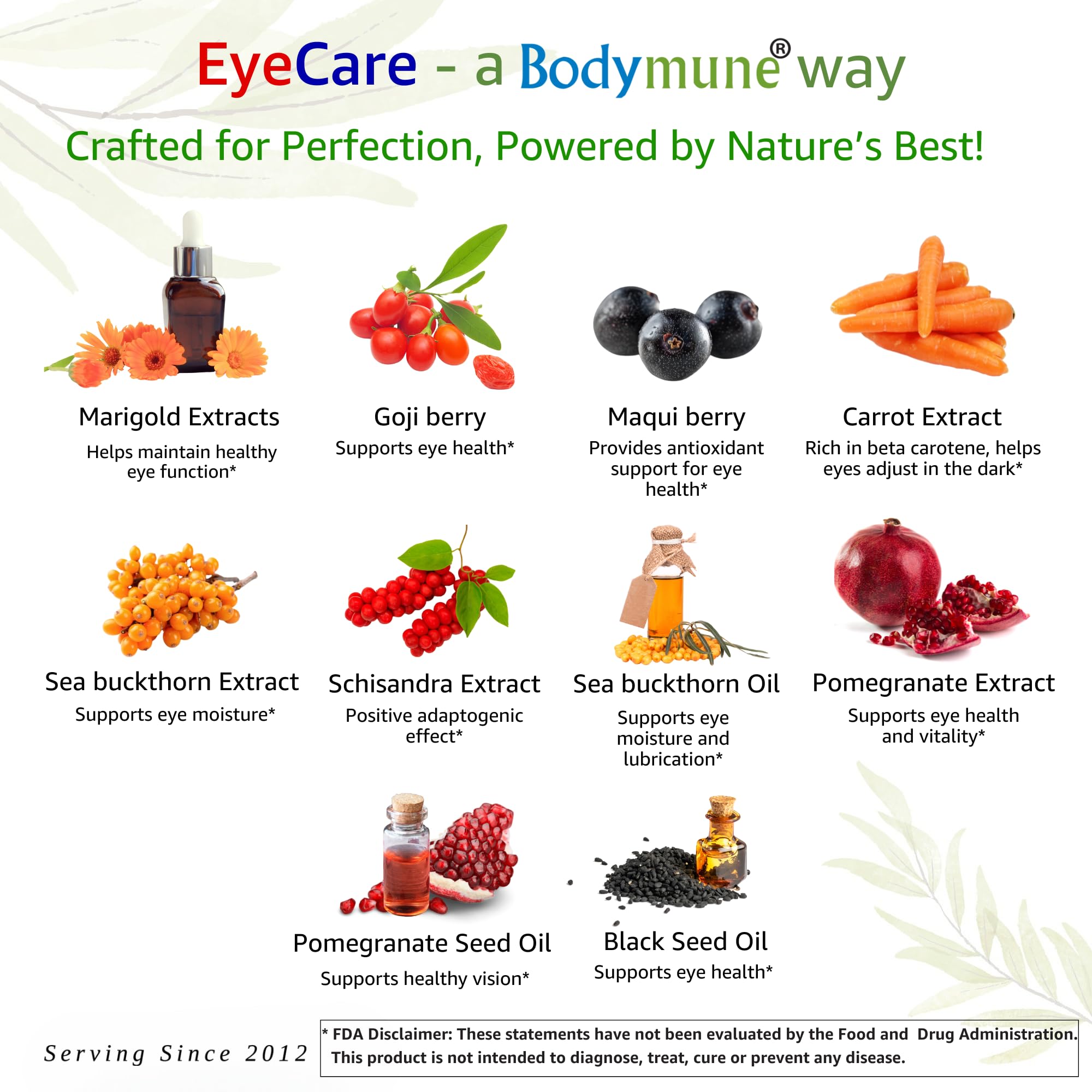 COA and organic labels on Bodymune EyeCare packaging for transparency.