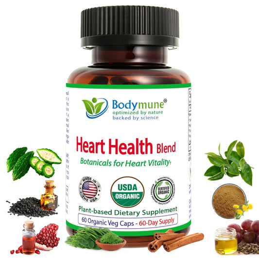 Bodymune Heart Health Blend bottle front showing organic formula for daily wellness