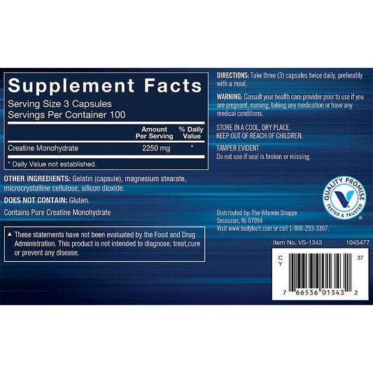 BodyTech Creatine Monohydrate Capsules close-up shows small, easy-to-take doses