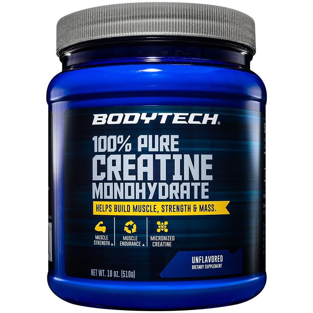 BodyTech Creatine Monohydrate Powder jar shows a clean, gluten-free formula for daily workouts
