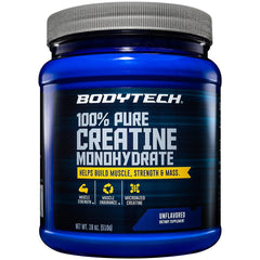 BodyTech Creatine Monohydrate Powder jar shows a clean, gluten-free formula for daily workouts