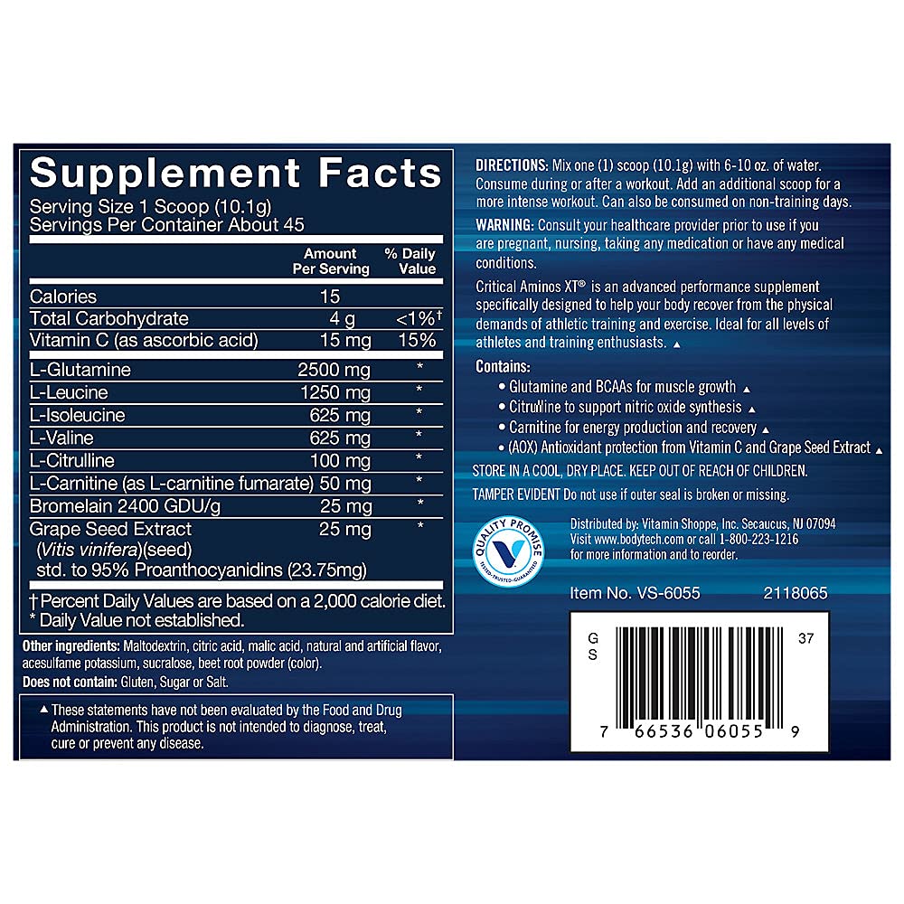 BodyTech Critical Aminos XT serving scoop beside glass, ideal for post workout amino support