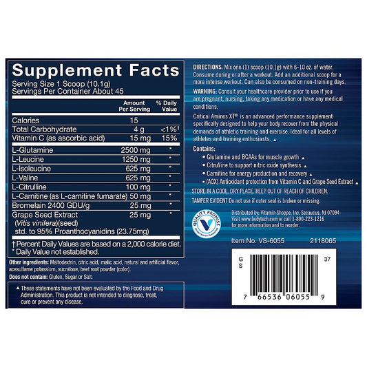BodyTech Critical Aminos XT serving scoop beside glass, ideal for post workout amino support