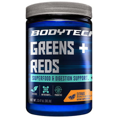 BodyTech Greens + Reds powder tub with citrus flavor for daily nutrition.