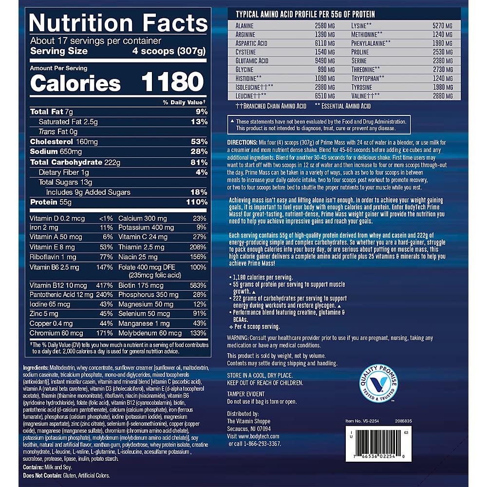 BodyTech Prime Mass scoop in a jar highlights post-workout energy.