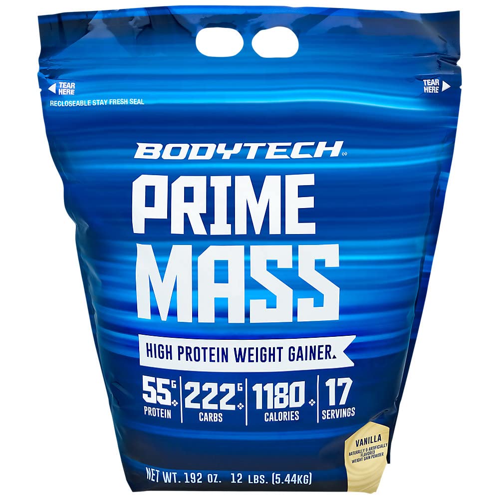 BodyTech Prime Mass vanilla bag with scoop supports calorie intake for gains.