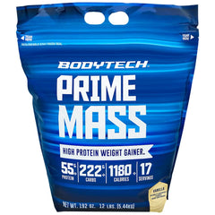 BodyTech Prime Mass vanilla bag with scoop supports calorie intake for gains.