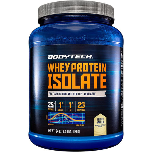 BodyTech Whey Protein Isolate bottle with French Vanilla for daily protein support.