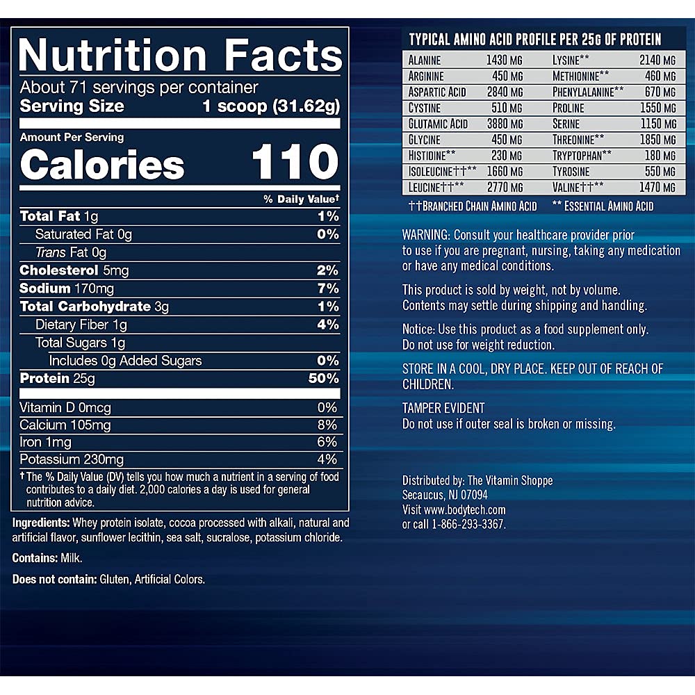 BodyTech Whey Protein Isolate ingredients panel highlights 25 g protein per serving and BCAAs.