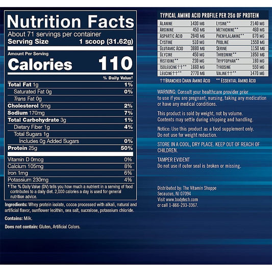 BodyTech Whey Protein Isolate ingredients panel highlights 25 g protein per serving and BCAAs.