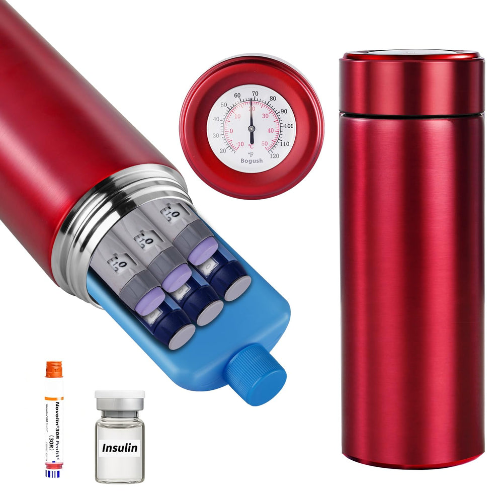 Bogush 60H insulin pens cooler, front view in red, compact travel storage