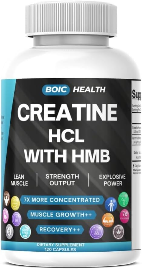 BOIC Creatine HCL + HMB capsules bottle for on-the-go workouts.